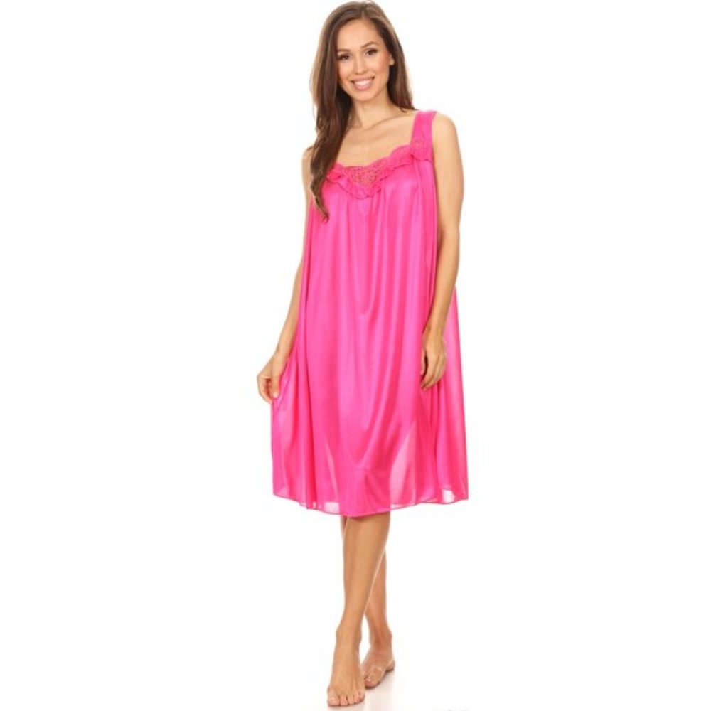 Women Polyester Satin Nightgown Sleepwear Female Sleep Dress Nightshirt Fuchsia
